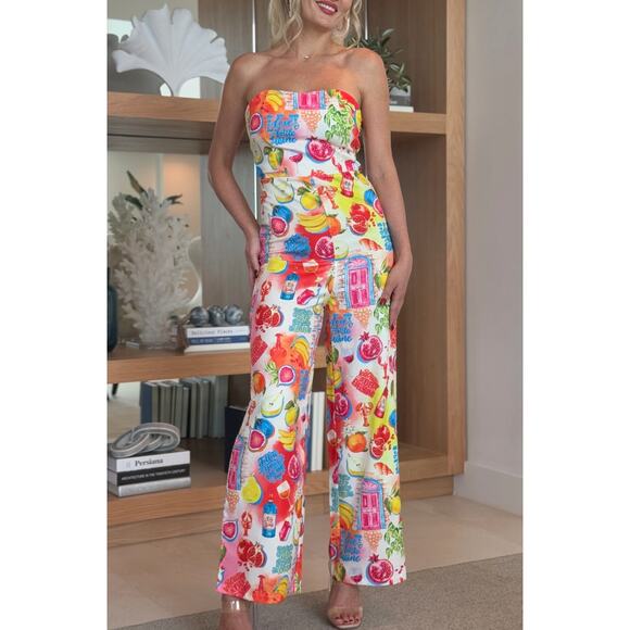 Endless Moon Pants - Endless Moon Strapless Wine/Fruit Printed Jumpsuit Smocked Back Sz M NWT